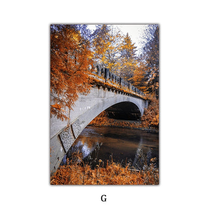 Late Autumn Arch Bridge Forest Hut Leaves Canvas Art