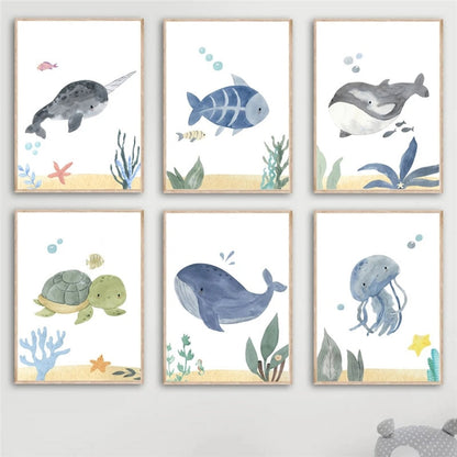 Watercolor Whale Fish Jellyfish Sea Turtle Nursery Wall Art Canvas