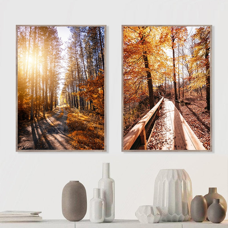 Late Autumn Arch Bridge Forest Hut Leaves Canvas Art