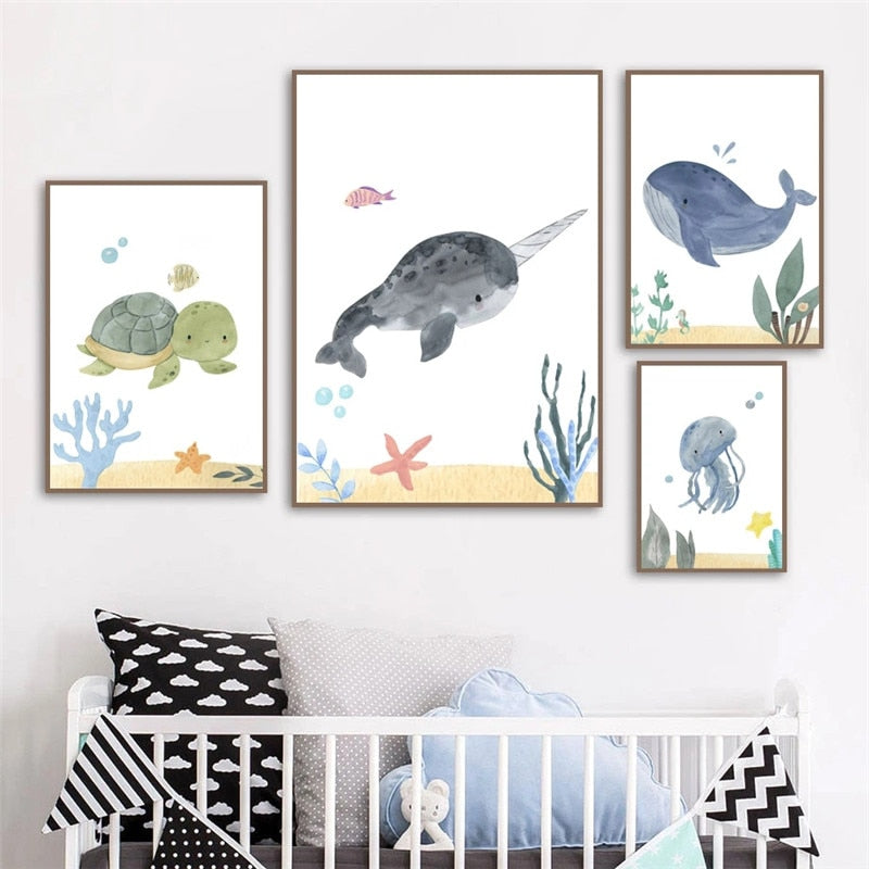 Watercolor Whale Fish Jellyfish Sea Turtle Nursery Wall Art Canvas