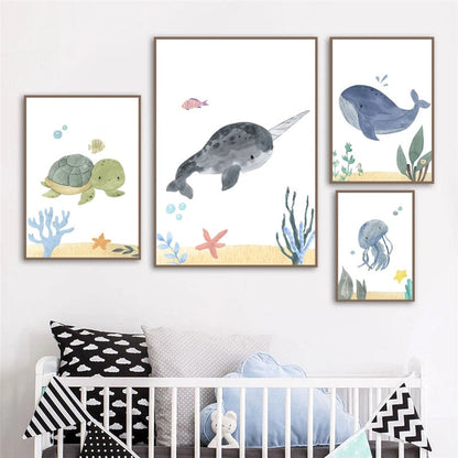 Watercolor Whale Fish Jellyfish Sea Turtle Nursery Wall Art Canvas