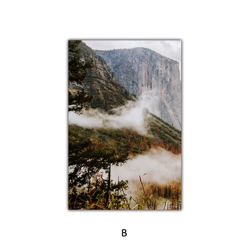 Scenery Cloudy Fog Mountain and Forest Canvas Art