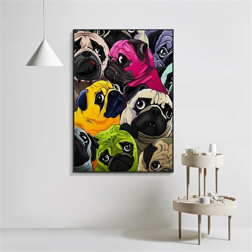 Cute Colorful Pugs Canvas Art