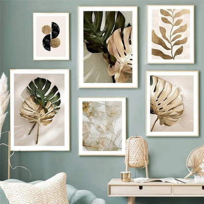 Abstract Golden Leaves Monstera Wall Art Canvas