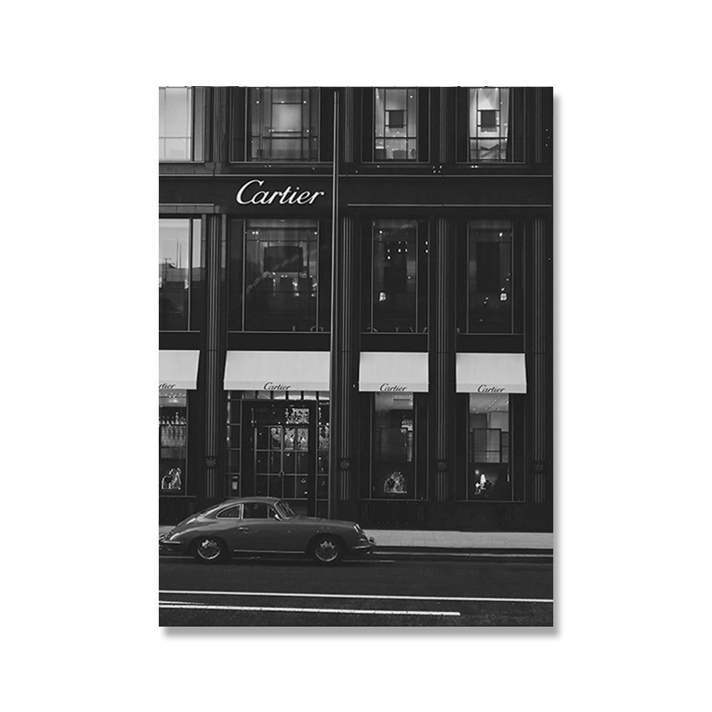 Black and White Paris Champs Elysees Luxury Shop Race Car Canvas Art