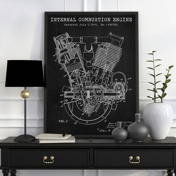 Internal Combustion Engine Blueprint Patent Canvas Art