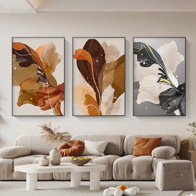 Abstract Beige Brown Gray Feather Flowers Canvas Art