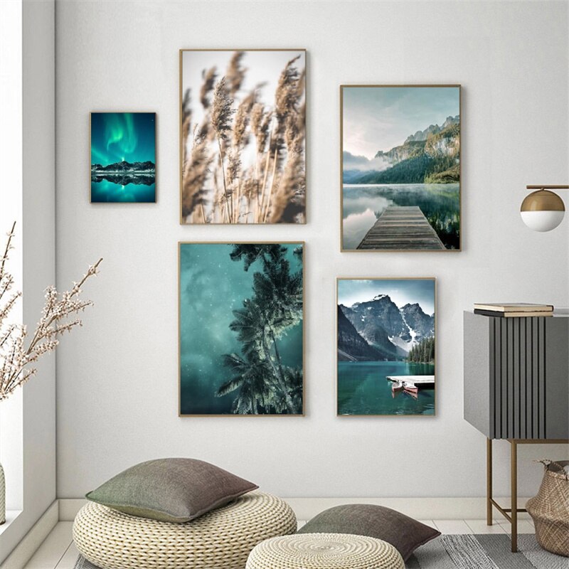 Nordic Aurora Lake Mountain Canvas Art