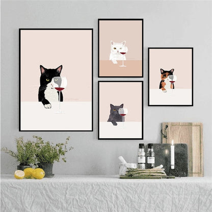 Funny Cute Cat Drink Red Wine Wall Art Canvas