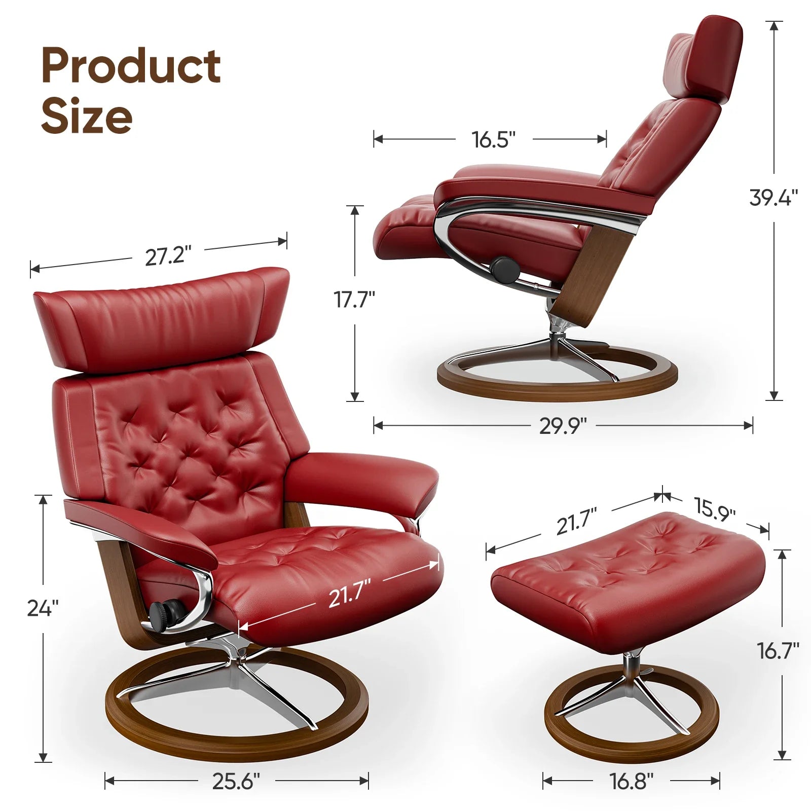 Stressless Ergonomic Genuine Leather Swivel Recliner with Ottoman