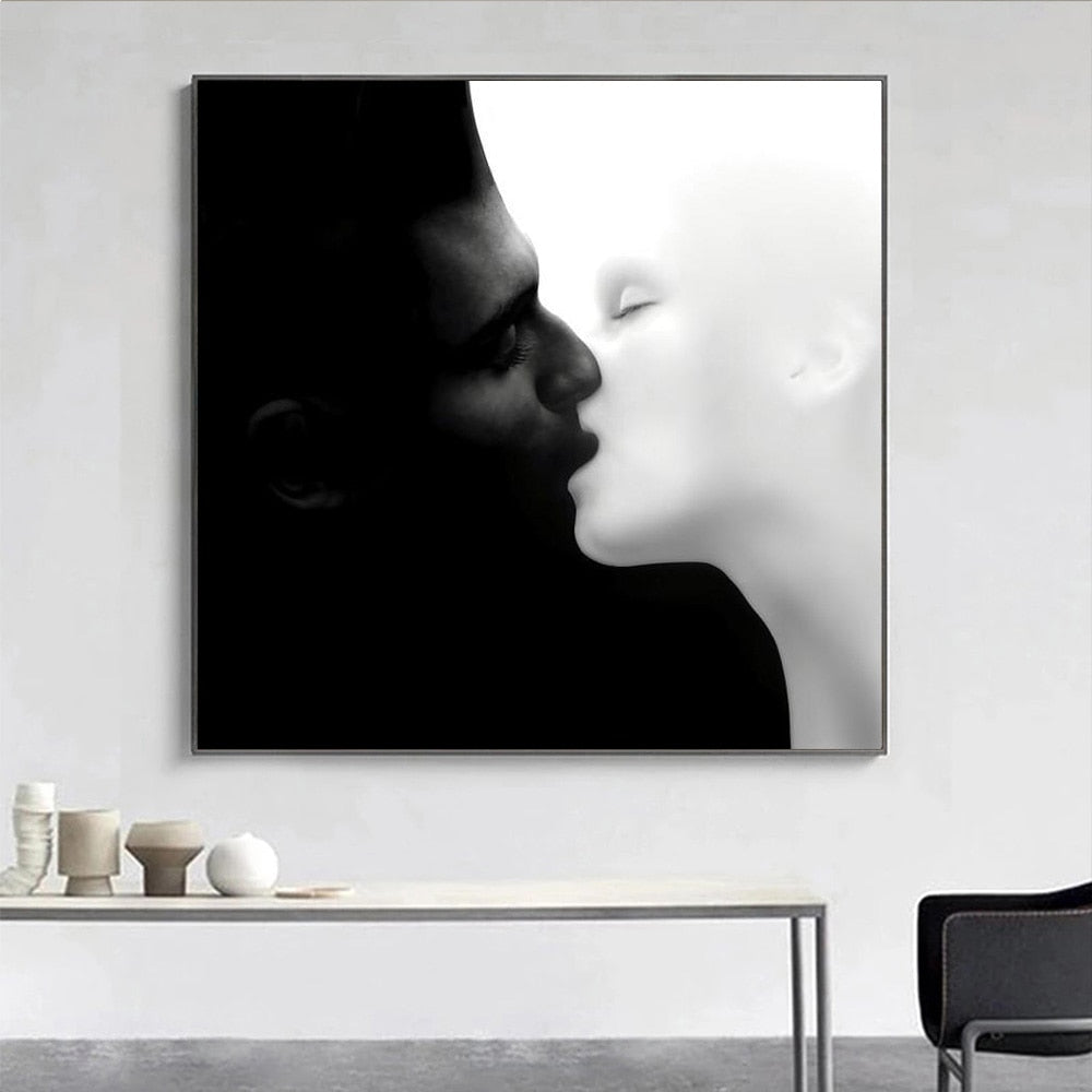 Black and White Lovers Kiss Canvas Art