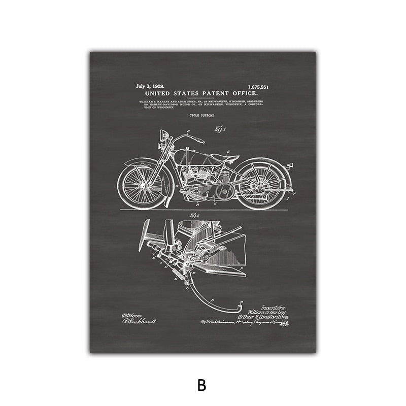 Retro Motorcycle Blueprint Canvas Art