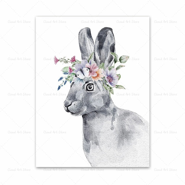 Horse Bunny Llama Giraffe Cat and Flowers Wall Art Canvas