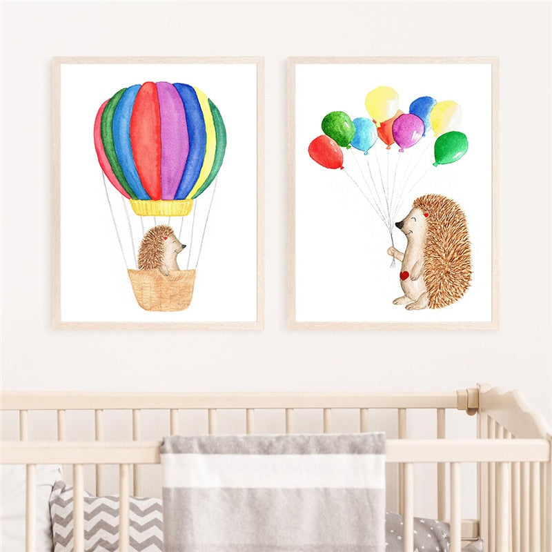 Hot Air Balloon Cartoon Hedgehog Nursery Canvas Art