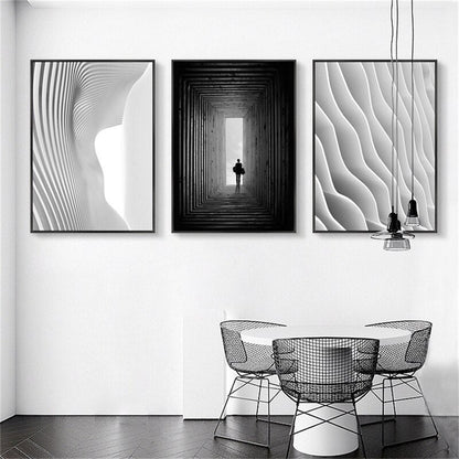 Black White Abstract Wave Building Canvas Art