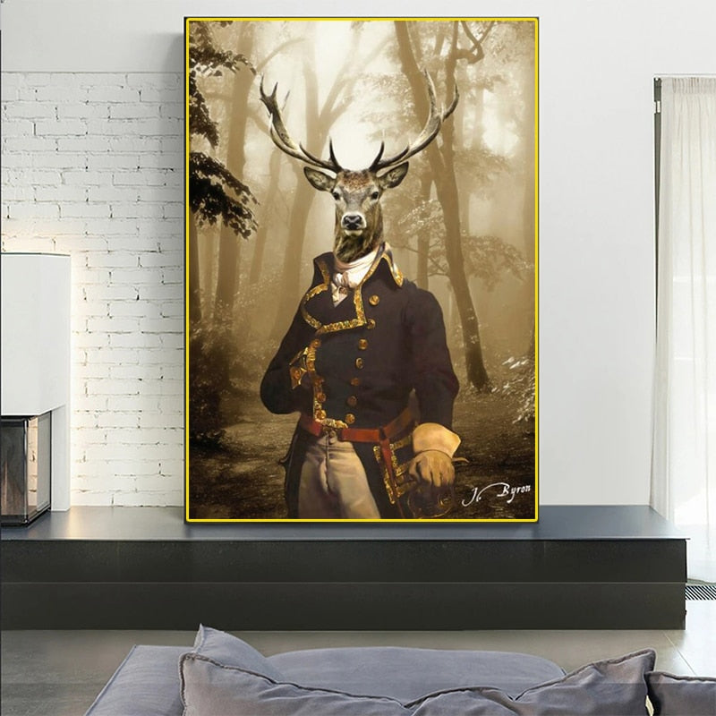 Animal Suit Deer in Foggy Forest Canvas Art