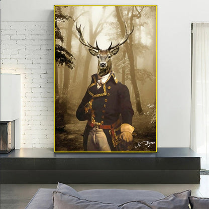 Animal Suit Deer in Foggy Forest Canvas Art