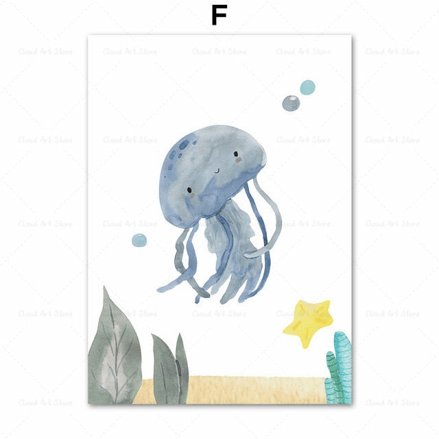 Watercolor Whale Fish Jellyfish Sea Turtle Nursery Wall Art Canvas