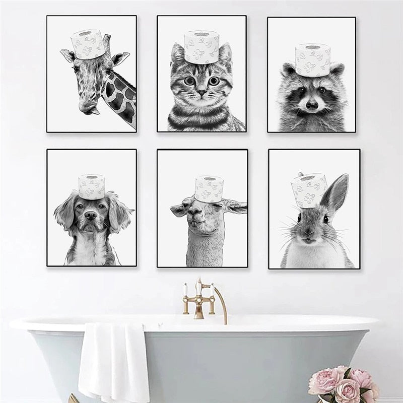 Black and White Animal Funny Bathroom Canvas Art