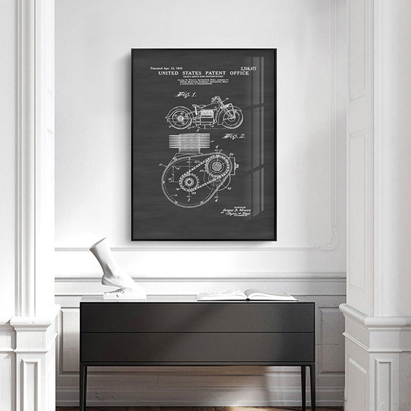 Retro Motorcycle Blueprint Canvas Art