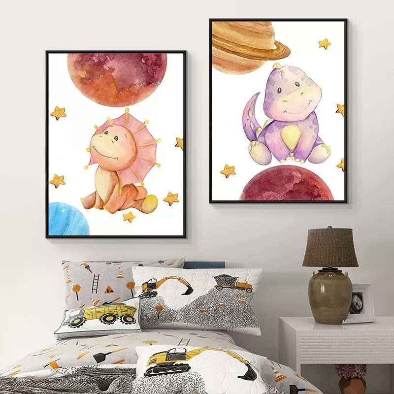 Cartoon Cute Colorful Dinosaur Nursery Wall Art Canvas