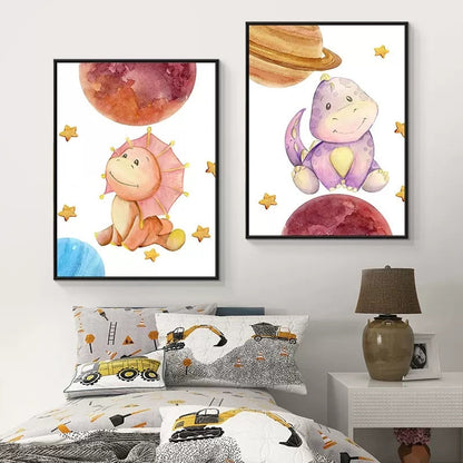 Cartoon Cute Colorful Dinosaur Nursery Wall Art Canvas