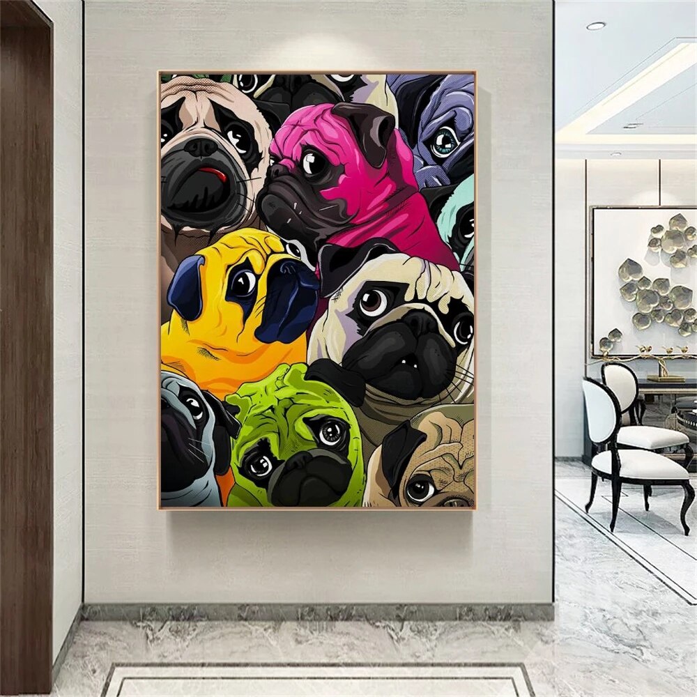 Cute Colorful Pugs Canvas Art