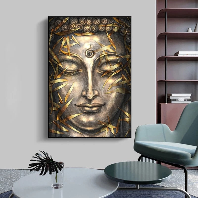 Modern Bronze Buddha Bamboo Leaves Canvas Art