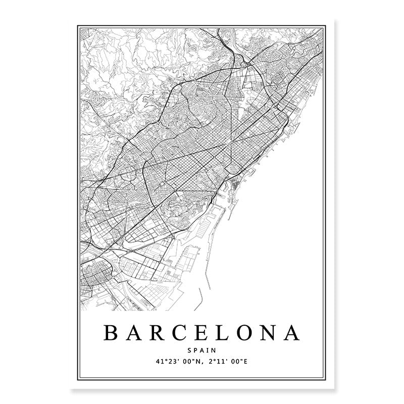 Spain City Map Barcelona Madrid Malaga Seville Canvas Art