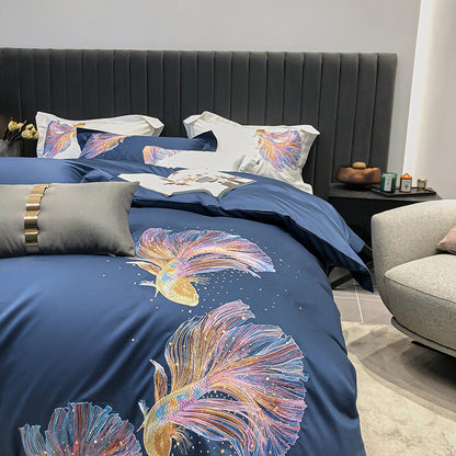 Blue Koi Embroidery Duvet Cover Bedding Set