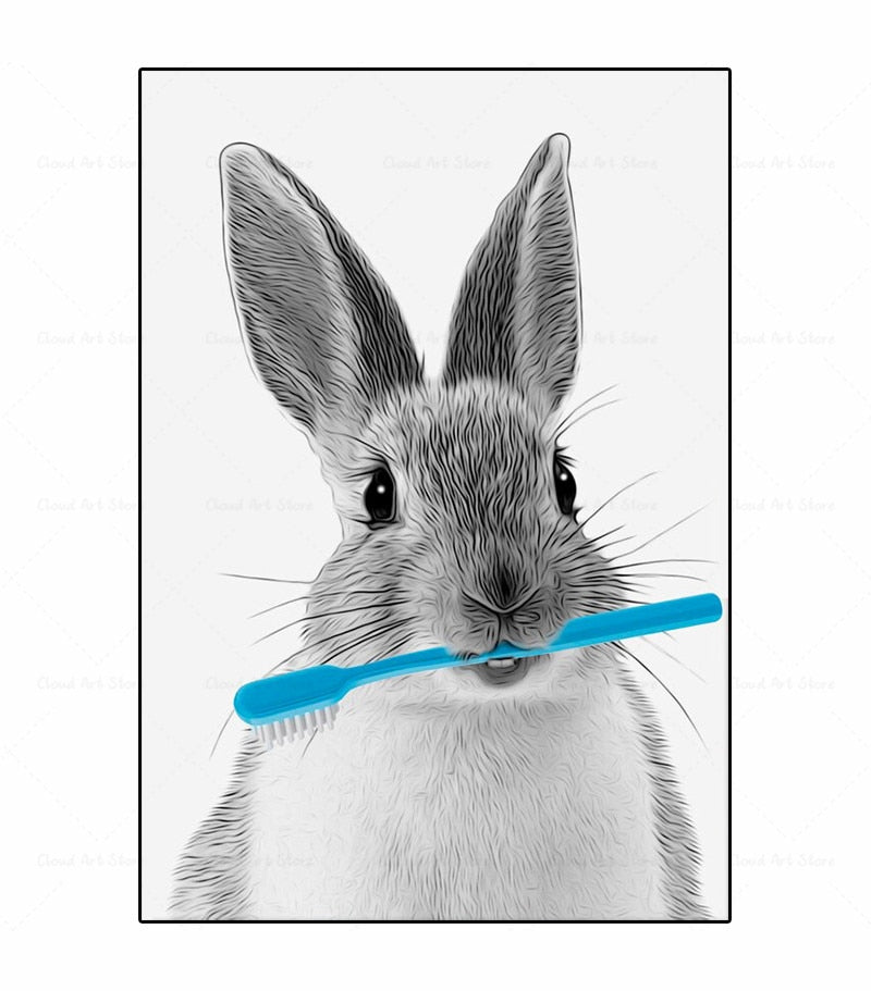 Black and White Animal Brushing Teeth Canvas Art