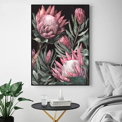 Vintage Pink Flowers Leaves Canvas Art