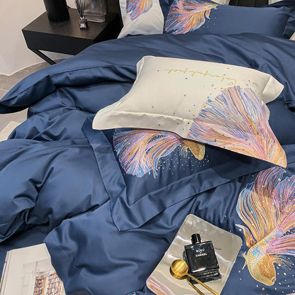 Blue Koi Embroidery Duvet Cover Bedding Set