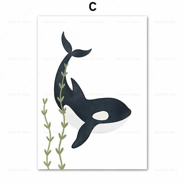 Whale Dolphin Sea Turtle Fish Coral Nursery Room Canvas Art