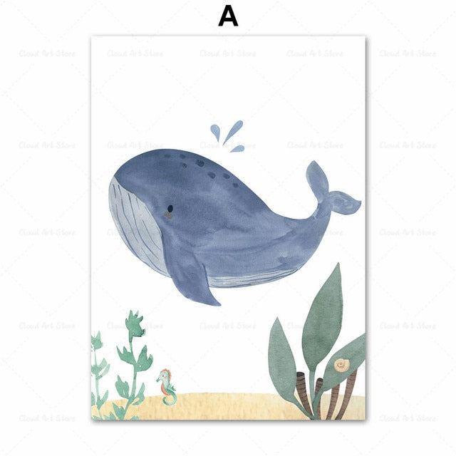 Watercolor Whale Fish Jellyfish Sea Turtle Nursery Wall Art Canvas