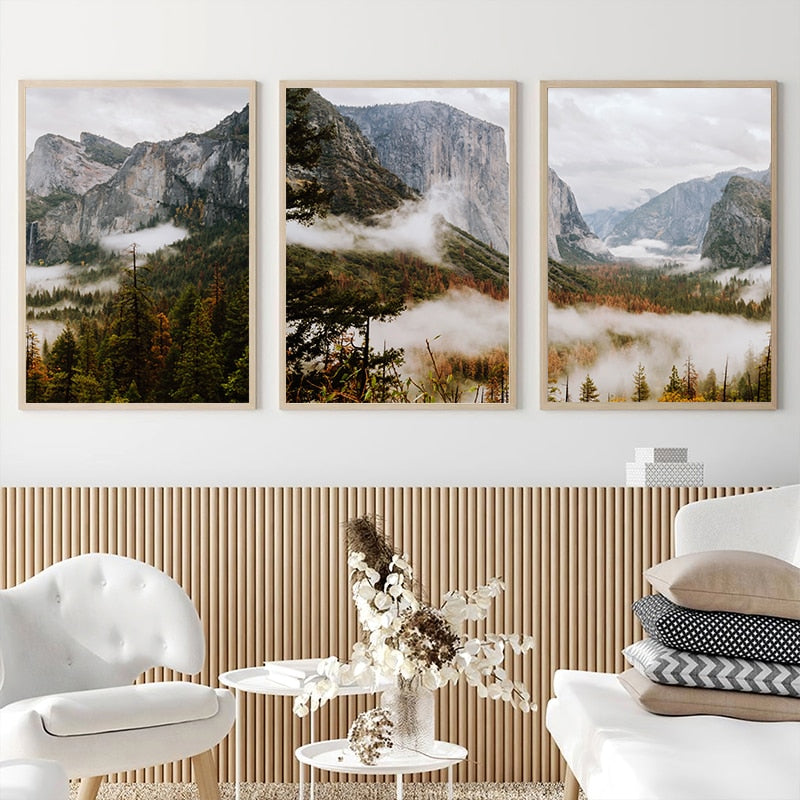 Scenery Cloudy Fog Mountain and Forest Canvas Art