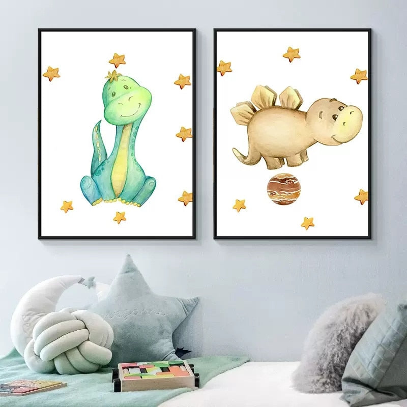 Cartoon Cute Colorful Dinosaur Nursery Wall Art Canvas