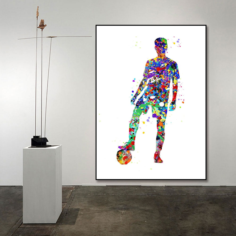 Boy Play Soccer Football Watercolor Sport Canvas Art