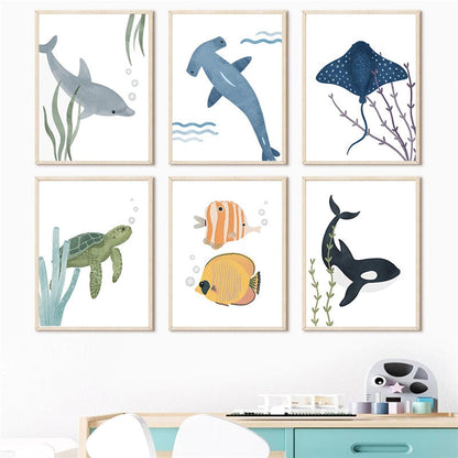 Whale Dolphin Sea Turtle Fish Coral Nursery Room Canvas Art