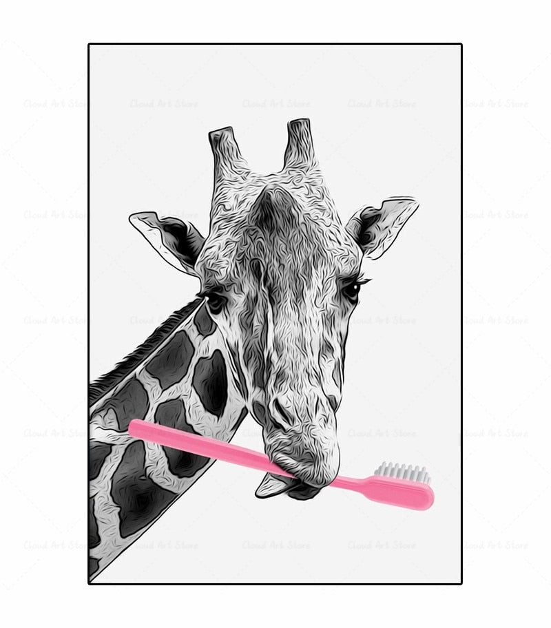 Black and White Animal Brushing Teeth Canvas Art