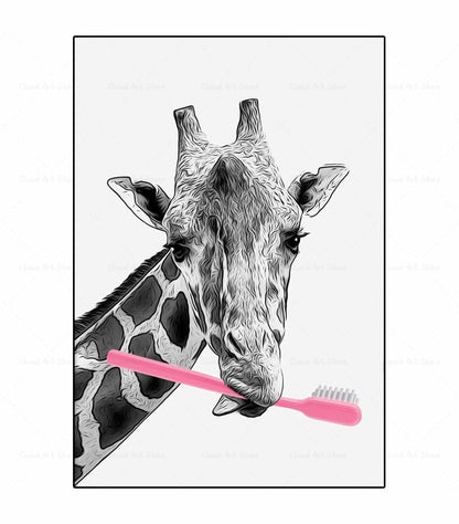 Black and White Animal Brushing Teeth Canvas Art