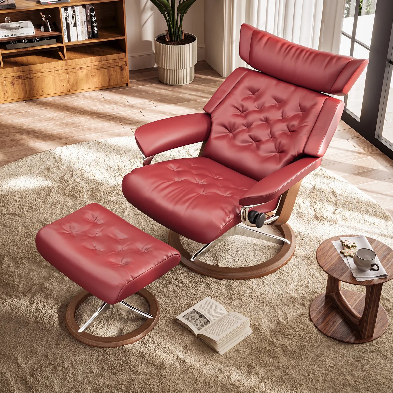 Stressless Ergonomic Genuine Leather Swivel Recliner with Ottoman