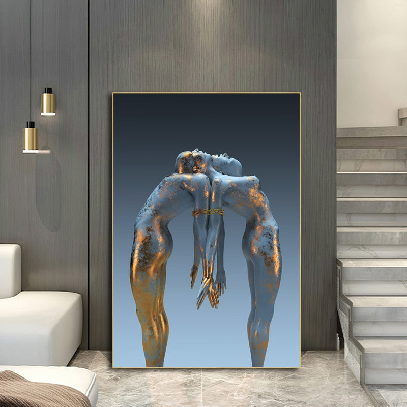 Blue Gold Naked Couple Canvas Art