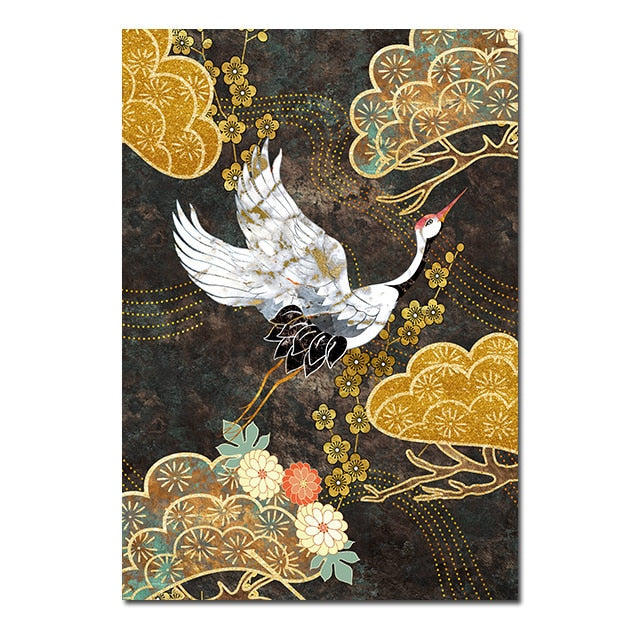 Chinese Style Golden Crane Canvas Art