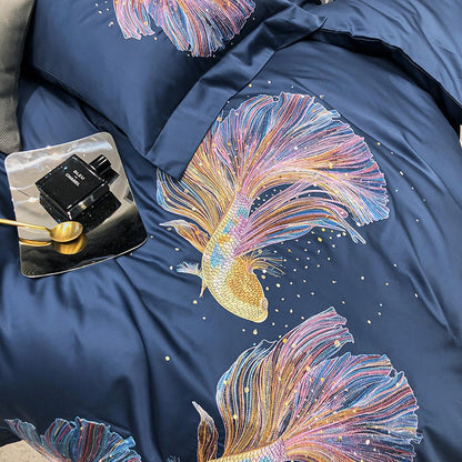 Blue Koi Embroidery Duvet Cover Bedding Set