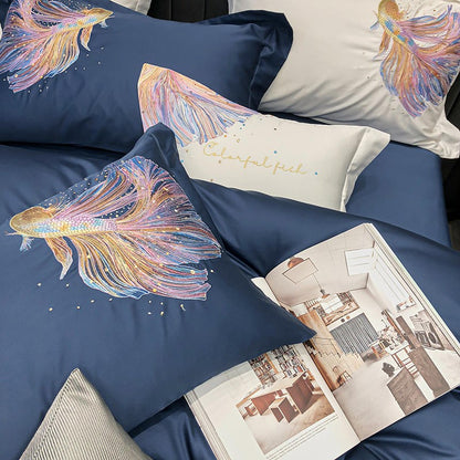 Blue Koi Embroidery Duvet Cover Bedding Set