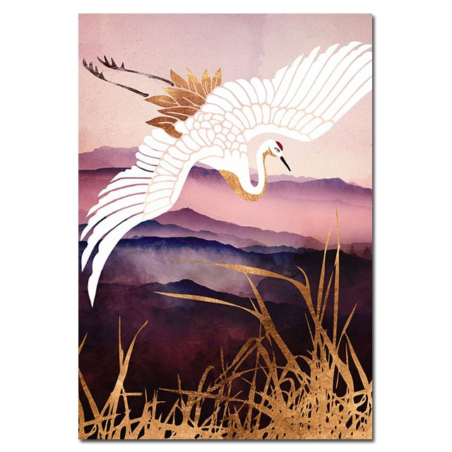 Chinese Style Golden Crane Canvas Art