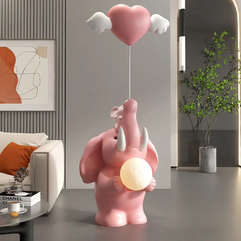 Cute Baby Elephant Love Balloon Floor Ornament Statue with Lamp