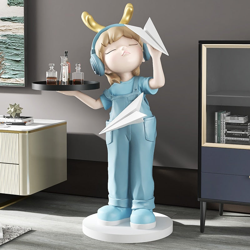 Girl Paper Plane Large Statue with Tray