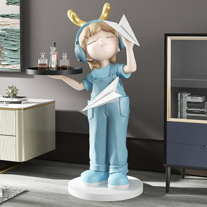 Girl Paper Plane Large Statue with Tray